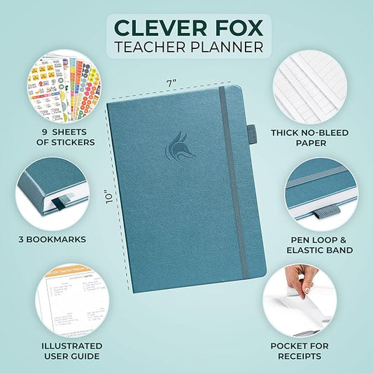 Clever Fox Teacher Planner – School Year Planner with Calendars & Lesson Plans – Teacher Plan Book for Classroom & Homeschool Organization - Undated, 7x10″, Hardcover (Aquamarine)