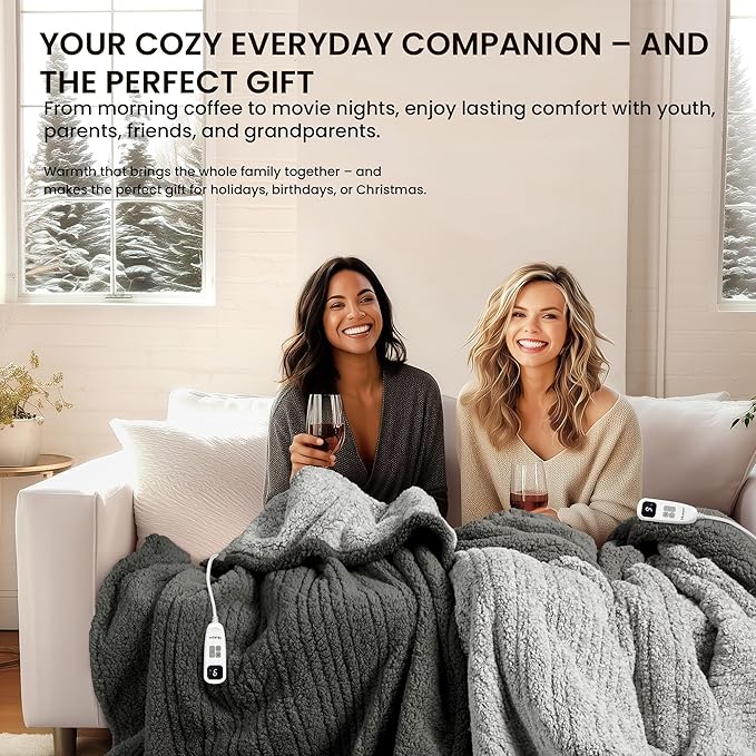 Electric Heated Blanket Throw 50x60 inches, Fast Heating w/ 10 Heat Settings & 2/4/8/10H Auto Timer, Double-Sided Sherpa, Ultra Soft & Cozy for Couch, Bed, Office, Machine Washable