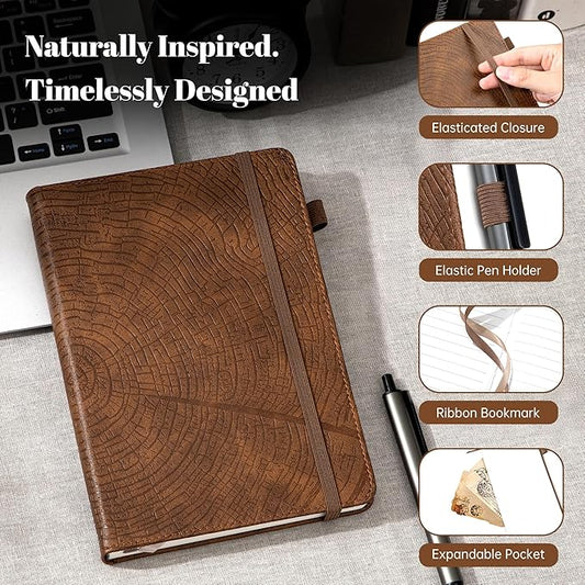 CAGIE Lined Journal for Men Women, Tree Growth Ring Leather Bound Journal Notebook, 256 Pages 100 GSM Journals for Writing, A5 Hardcover Journaling Notebooks,2 Pack (Brown & Khaki)