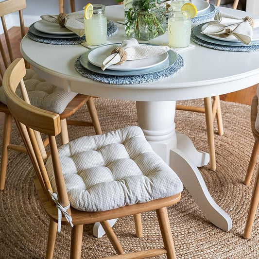 Barnett Home Decor Dining Chair Cushions with Ties – Size Medium 16.5 x 18 - Latex Foam Fill, 100% Cotton, Machine Washable Chair Pads for Kitchen Chairs, Made in USA (Madrid Natural/Pack of 2)