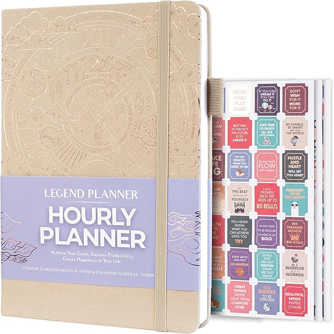 Legend Planner Hourly Schedule Edition – Deluxe Weekly & Daily Organizer with Time Slots. Time Management Appointment Book Journal for Work & Personal Life, Undated, A5 Hardcover – Seashell, Gold Foil
