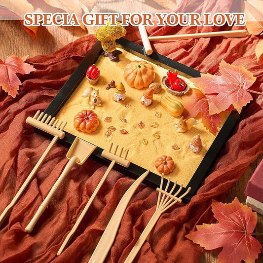 Soulchen Zen Garden Kit for Desk Decor Zen Sand Garden Box Set with Black Wooden Tray, Blue Sand, Tools & Accessories Japanese Gifts for Desktop Meditation Room Office Home (Fall)