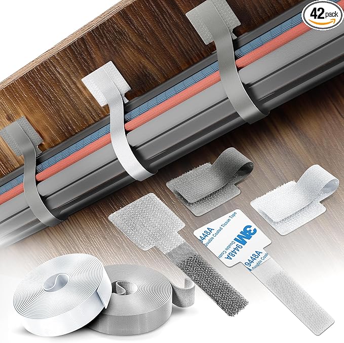 Cable Management Kit – 40 Self-Adhesive Hook and Loop Ties with 2 Extension Straps – Made with 3M Tape, Back-Sticky Cord Organizer for Under Desk, Wall, Home, Office – Adjustable Wire Holders