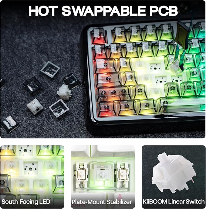 KiiBoom Phantom81 Lite 75% Gasket Mechanical Keyboard, QMK&VIA Programmable, 3 Modes Wireless Gaming Keyboard, RGB Backlights, ABS Case + UV Tech, Hot-Swappable for Windows/Mac/Linux (Black)