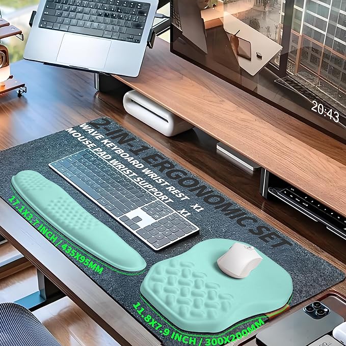 2-in-1 Ergonomic Set, Wave Keyboard Wrist Rest and Massage Slope Mouse Pad Wrist Support, Rebound Memory Foam for Relieve Carpal Tunnel Syndrome and Wrist Pain (Light Blue)