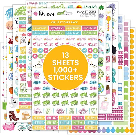 bloom daily planners Planner Sticker Value Pack (13 Unique Sheets / 1,000+ Stickers) - New Variety Assortment Bundle for Planning & Decorating