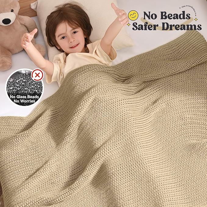 Guohaoi Knitted Weighted Blanket Kids (Beige 40"x60" 7lbs) No Beads Cooling Heavy Blanket, Home Decor Breathable Chunky Knit Throw Blanket for All-Season Use