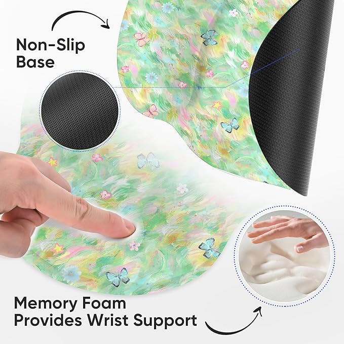 RICHEN Ergonomic Mouse Pad with Wrist Support,Non-Slip Rubber Base for Computer Laptop & Mac,Lightweight Rest for Home,Office & Travel (Green and Buttflies)