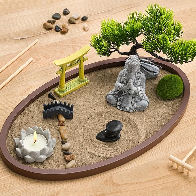 Zen Garden for Desk 13x8in – Japanese Decor with Buddha, Bonsai Tree, Tools & Accessories – Mini Zen Garden Kit for Office Desk, Home, Meditation Room, Desktop Gift Set, Sand Tray Therapy