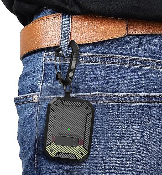 Maxjoy for AirPods Pro Case Cover with Lock, AirPods Pro 1st Generation Case for Men Military Rugged Protective Cover with Keychain Compatible with Apple AirPod Pros 2019 Front LED, Carbon Fiber Gray