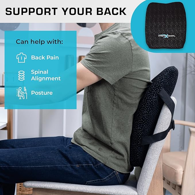 Xtreme Comforts Lumbar Back Support Pillow for Office Chair Cushion, House Chair Cushions, & Car Truck Seat - Memory Foam Office Chair Back Support w/Adjustable Strap - Help Improve Sitting Posture