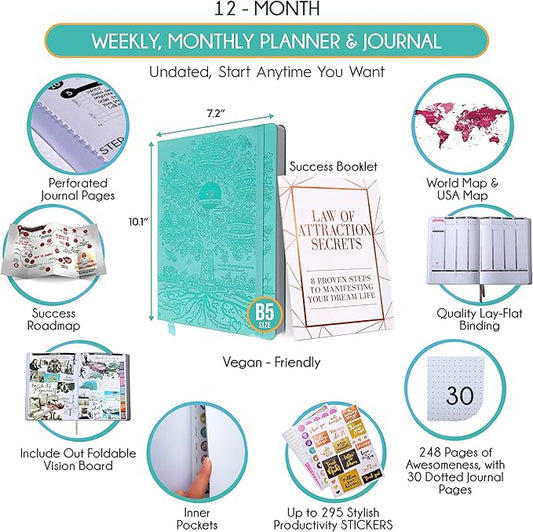 Hourly Planner – Undated Weekly & Monthly Goal Setting Planner, 12-Month to Increase Productivity | Life & Gratitude Journal, Include Foldable Vision Board, Gift Box & Stickers