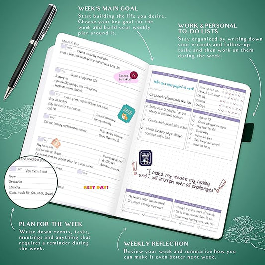 Legend Weekly Colorful Planner 2nd Edition – Undated Life & Work Agenda Journal for Time Management, Goal Setting, Productivity, 5.8 ″x8.3″, Hardcover – Dark Green Gold Foil