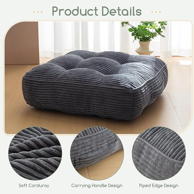 6" Washable Floor Pillow Cushion for Adults, Meditation Cushion Pillow, Large Square Floor Sitting, Removable Tufted Corduroy Cover, for Tatami Living Room or Yoga, 22x22 Inch, Machine Washable