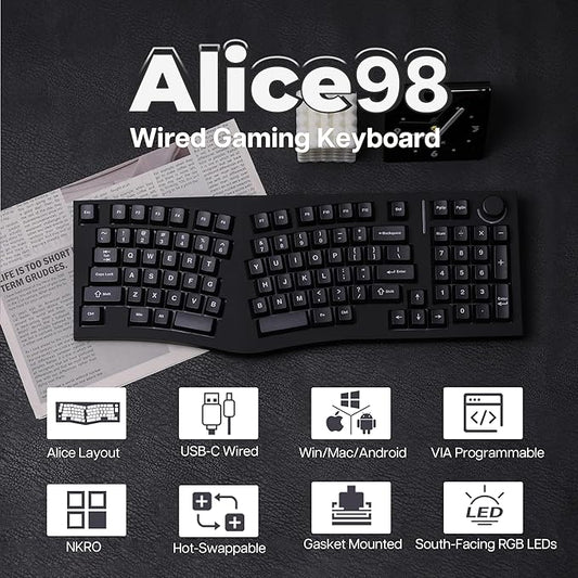 Feker Alice98 Ergonomic 98 Keys Custom Mechanical Keyboard, VIA Programmable, USB-C Wired Gaming Keyboard, Hot Swappable, 5 Layer Paddings, Control Knob, NKRO, RGB for Win/Mac (Black)