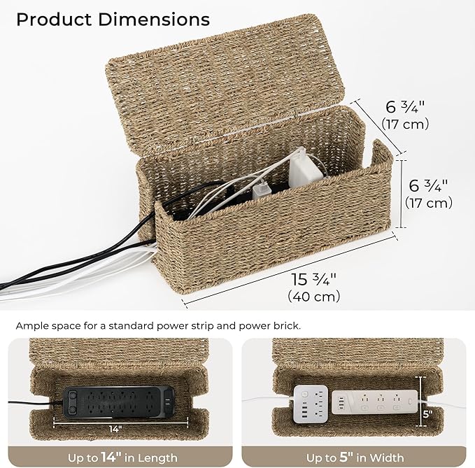 StorageWorks Large Cable Management Box, 2 Slots Wicker Cable Organizer to Hide Cords and Power Strip, Seagrass Cord Hider Box for Home & Office