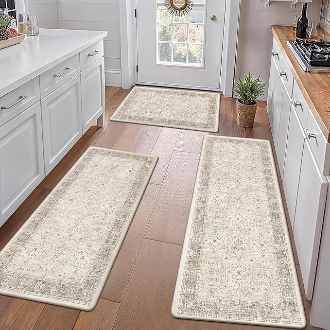 Pauwer Anti Fatigue Kitchen Mat Set of 3 Non Slip Kitchen Mats for Floor Cushioned Kitchen Rugs Comfort Standing Mat Farmhouse Waterproof PVC Foam Kitchen Floor Mat Runner, Khaki