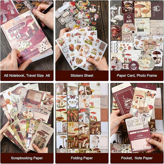 Scrapbooking Supplies Kit, Vintage Aesthetic Scrapbook Kit, Junk Journal Supplies with Scrapbooking Paper A6 Grid Notebook, Journaling Supplies, Birthday Craft Gift for Adult Teen Girl Kid, Mushroom