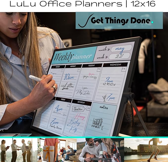 Weekly Dry Erase Board Black Frame, Desktop Calendar White Board with Weekly & Monthly Planners 12x16 inch, Magnetic to Do List with Stand, 6 Markers and Eraser. Whiteboard for Home and Office Desk