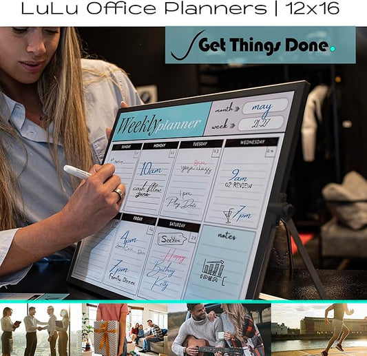 Weekly Dry Erase Board Black Frame, Desktop Calendar White Board with Weekly & Monthly Planners 12x16 inch, Magnetic to Do List with Stand, 6 Markers and Eraser. Whiteboard for Home and Office Desk