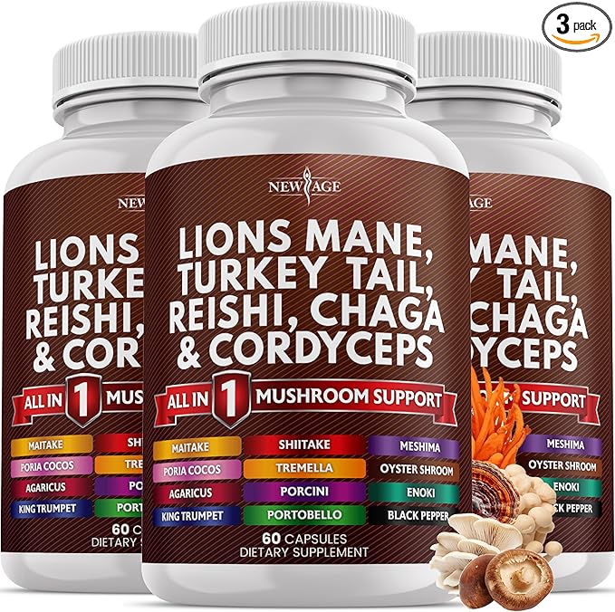 NEW AGE Lions Mane Mushroom Supplement with Turkey Tail Reishi Cordyceps Chaga with Marshmallow Root 180 Count