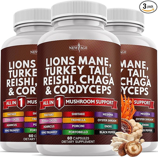 NEW AGE Lions Mane Mushroom Supplement with Turkey Tail Reishi Cordyceps Chaga with Marshmallow Root 180 Count