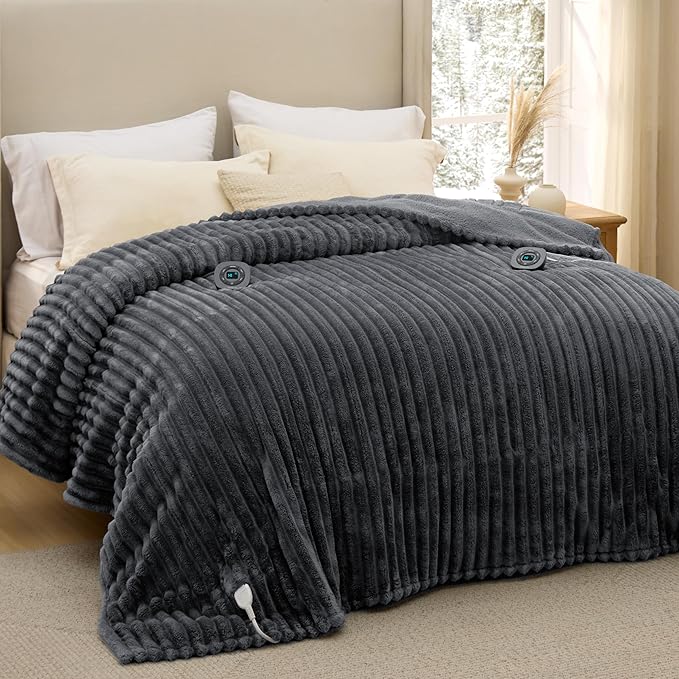 Bedsure Electric Blanket Queen Size - Thick Striped Flannel Electric Blanket with Dual Control, Heating with 10 Heat Settings & 10 Time Settings, 8 hrs Timer Auto Shut Off (84x90 inches, Grey)
