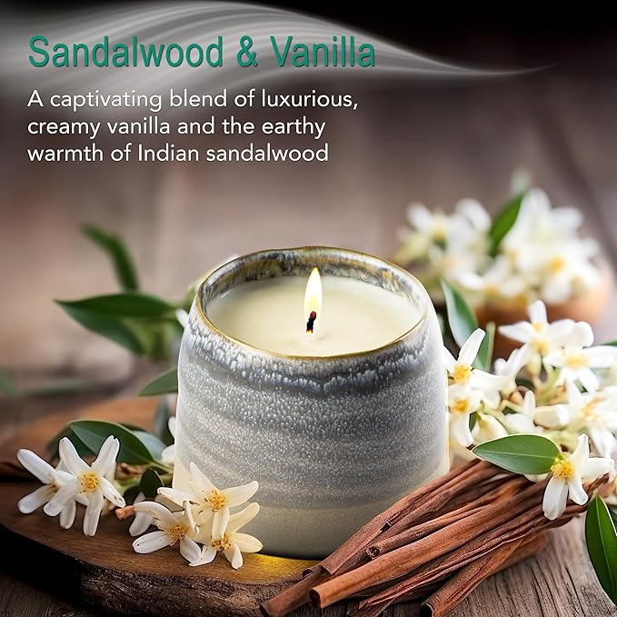 The Growing Candle, Sandalwood & Vanilla Scented, 10oz Ceramic Pot, Aromatherapy Candles for Home, 100% Soy, Greta