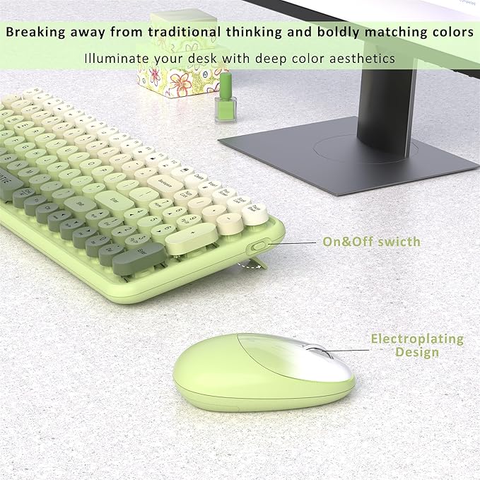 Wireless Keyboards and Mouse Combos, UBOTIE Colorful Gradient Rainbow Colored Retro Typewriter Flexible Keyboard, 2.4GHz Connection and Optical Mouse(Green Gradient)