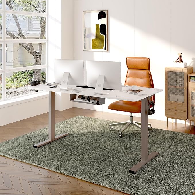 FLEXISPOT EN2 Whole-Piece Standing Desk with Clamp Power Strip, 48 x 24'' Electric Stand Up Height Adjustable Desk with Cable Management (Gray Frame + 48" Marble Gray, 2 Packages)