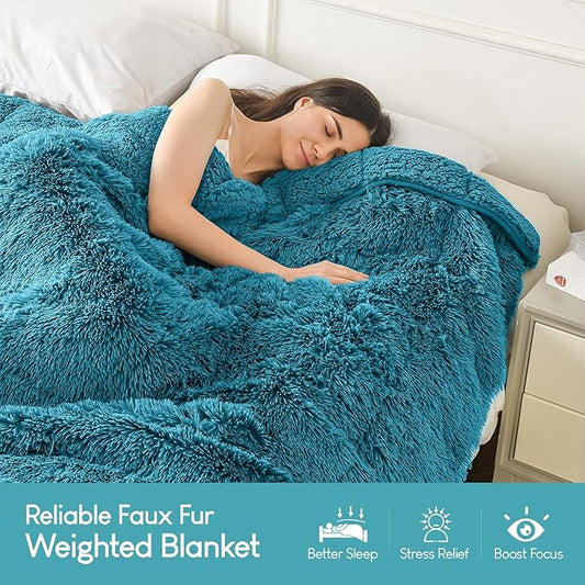 Cottonblue Weighted Blanket 12lbs 60x80 inches for Queen Bed, Faux Fur Sherpa Weighted Blanket for Adults, Plush Cozy Bed Blanket with Ceramic Beads for Calm and Relax,Teal Green
