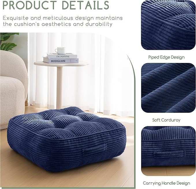 8" Washable Floor Pillow Cushion for Adults, Meditation Cushion Pillow, Large Square Floor Sitting, Removable Tufted Corduroy Cover, for Tatami Living Room or Yoga, 22x22 Inch, 2Pack, Machine Washable