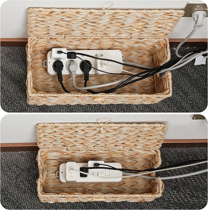 Posprica Cable Management Box with Lid, 2 Pack Handwoven Faux Ratten Cord Hider Organizer Boxes, 2 Side Open Slots Storage Box to Hide Cords and Power Strip for Desk, Floor, Office