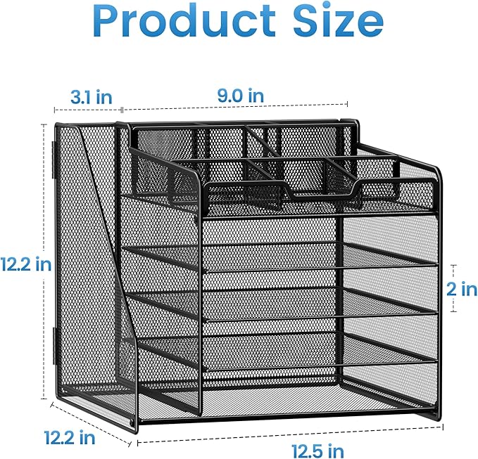 Lavatino Desk Organizer, 5-Tier Metal Mesh Paper Letter Tray with 1 File Holders & 7 Flexible Dividers for Office or Home Desk Organizers and Accessories, Keep Workspace Supplies Neat, Black