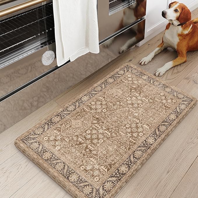 KIMODE Anti Fatigue Kitchen Mat 17.3"x29", Vintage Kitchen Floor Mats Non Slip, Waterproof Kitchen Mat for Floor, Farmhouse Comfort Standing Mat for Laundry, Office, Sink, Desk Brown