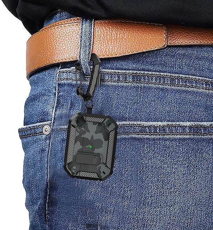 Maxjoy for AirPods Pro Case Cover with Lock, AirPods Pro 1st Generation Case for Men Military Rugged Protective Cover with Keychain Compatible with Apple AirPod Pros 2019 Front LED Visible, Gray Camo