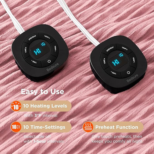 Bedsure GentleSoft Electric Blanket Queen Size - Soft Ribbed Flannel Heated Blanket with Dual Control, Heating with 10 Heat Settings, 10 Time Settings, 8 hrs Timer Auto Shut Off (84"x90", Bridal Rose)