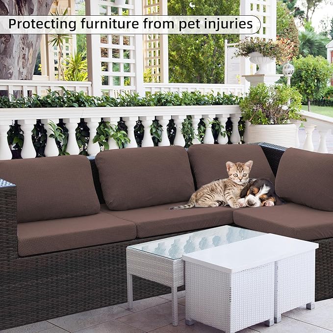 8Pcs Stretch Patio Cushion Cover Outdoor Cushion Cover Slipcovers Couch Cover Waterproof Replacement Sofa Cushion Covers Thick Jacquard Textured Twill Fabric Porch Patio Furniture Protector(Camel)