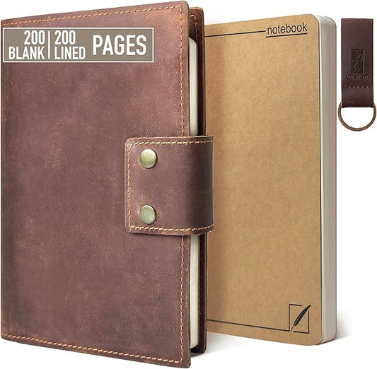 Vintage Logbook Inspired Refillable Leather Journal – A5 8x5 Notebook for Men and Women, 2 Premium Inserts (Lined & Blank), 400 Pages of 100gsm Ink-Proof Paper - Reusable Cover Writing Journal
