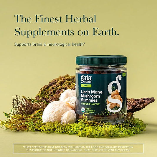 Gaia Herbs Lion's Mane Mushroom - Natural Brain Support Supplement - Made with Organic Lion's Mane Mushrooms - Free from Gluten, Soy & Dairy - 60 Vegan Gummies (30 Servings)