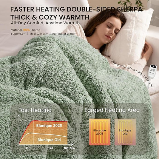 Electric Heated Blanket Full Size 72x84 inches, Fast Heating w/ 10 Heat Settings & 2/4/8/10H Auto Timer, Double-Sided Sherpa, Ultra Soft & Cozy for Couch, Bed, Office, Machine Washable, Light Sage