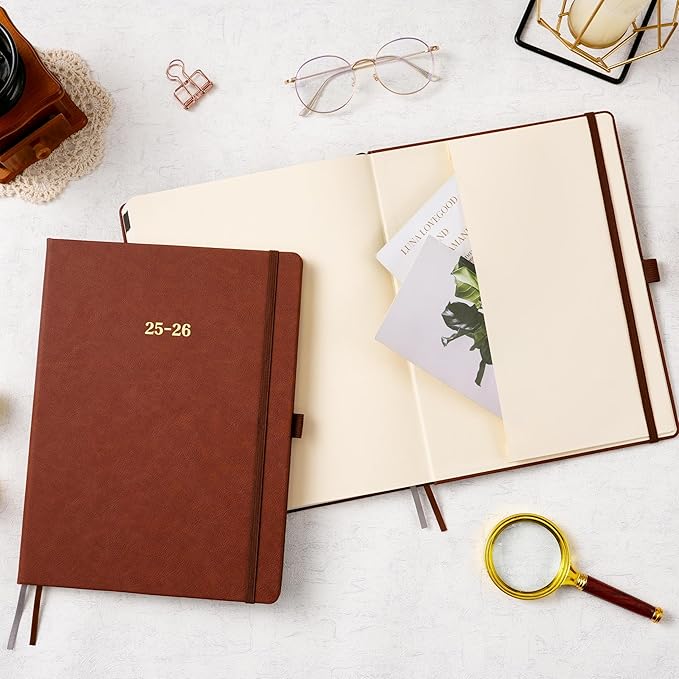 Vondafe 2025-2026 Leather Academic Planner, Weekly Monthly, Jul.2025 - Jun.2026, 9" x 11", Inner Pocket + Elastic Closure + Pen Loop + Bookmarks, Leather Hardcover - Brown