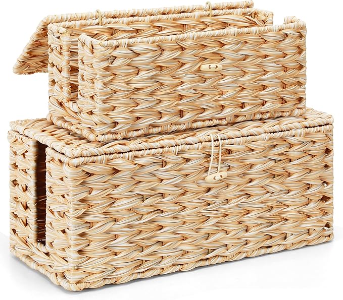 Posprica Cable Management Box with Lid, 2 Pack Handwoven Faux Ratten Cord Hider Organizer Boxes, 2 Side Open Slots Storage Box to Hide Cords and Power Strip for Desk, Floor, Office