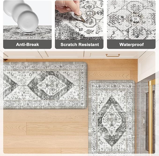 KIMODE Anti Fatigue Kitchen Mats for Floor,17.3" x 29" Cushioned Boho Vintage Grey Kitchen Rugs,Non-Slip Waterproof Kitchen Sink Standing Mat Wipe Clean for Kitchen,Laundry Floor