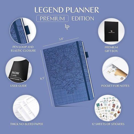 Legend Weekly Planner Premium – Undated Weekly, Monthly & Budget Planner – Life Organizer for Time Management & Productivity, A5 (Mystic Blue)