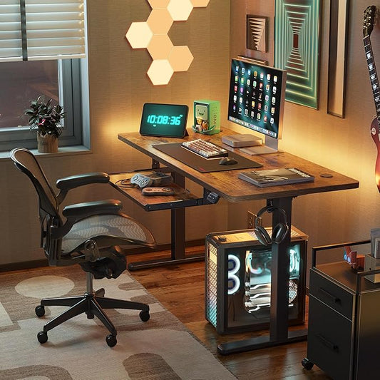 FEZIBO Standing Desk with Keyboard Tray, 48 × 24 Inches Electric Height Adjustable, Sit Stand Up Desk, Computer Office Desk, Rustic Brown