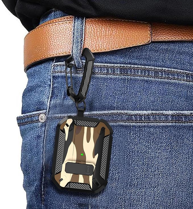 Maxjoy for AirPods Pro Case Cover with Lock, AirPods Pro 1st Generation Case for Men Military Rugged Protective Cover with Keychain Compatible with Apple AirPod Pros 2019 Front LED Visible, Brown Camo