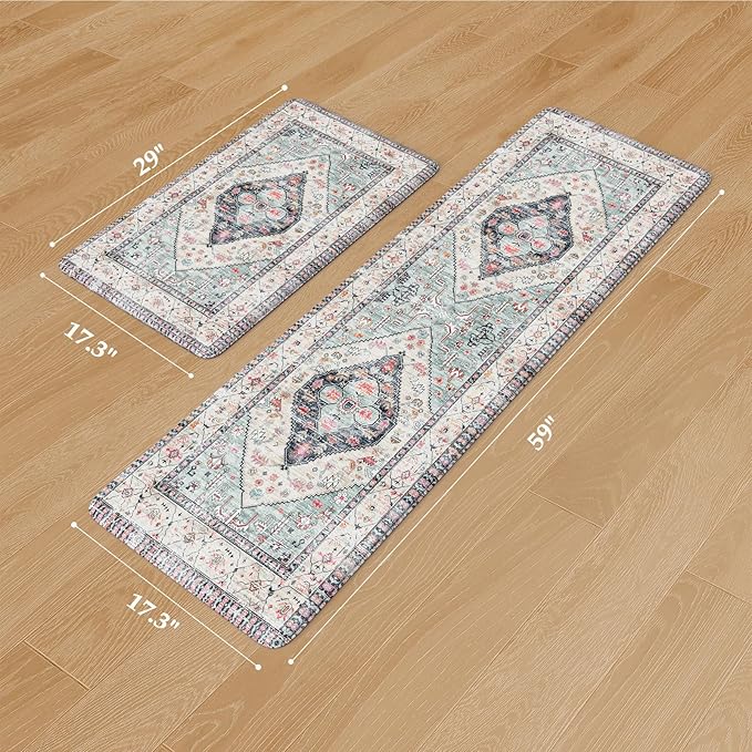 KIMODE Anti Fatigue Kitchen Mats,Boho Vintage Kitchen Rugs Sets of 2,Non Slip Waterproof Kitchen Floor Mats,Ergonomic Cushioned Comfort Standing Mat for Laundry,Office,Sink,Desk,Blue