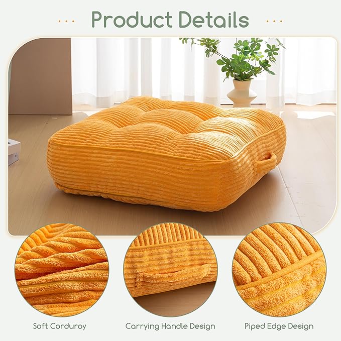 6" Washable Floor Pillow Cushion for Adults, Meditation Cushion Pillow, Large Square Floor Sitting, Removable Tufted Corduroy Cover, for Tatami Living Room or Yoga, 22x22 Inch, Machine Washable