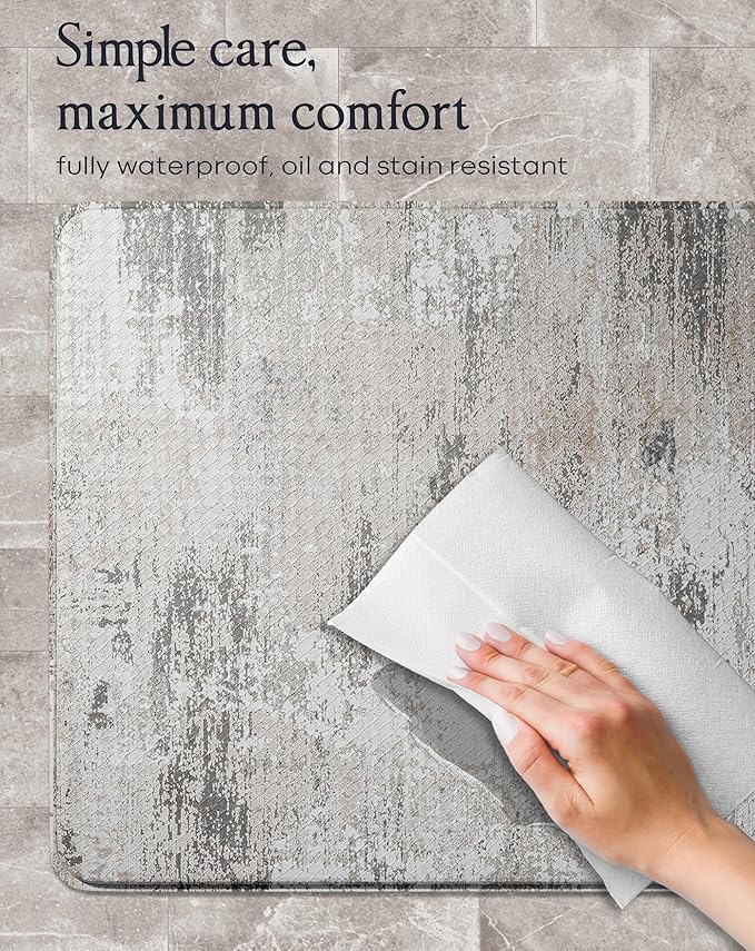 Anti-Fatigue Kitchen Mat Set – 2-Piece Memory Foam Cushioned Mats for Standing – Grant Beige, 18×30 & 18×60, 0.4 in Thick, Waterproof, Non-Slip – Homergy